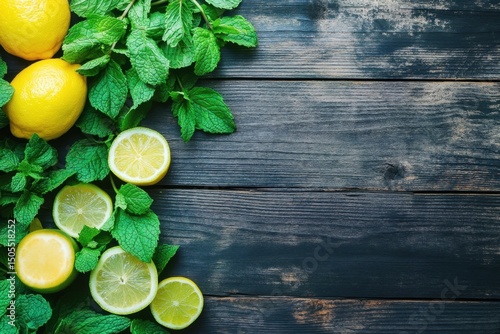 Fresh mint leaves and juicy lemons on a rustic wooden surface food photography natural ingredients vibrant colors top-down perspective
