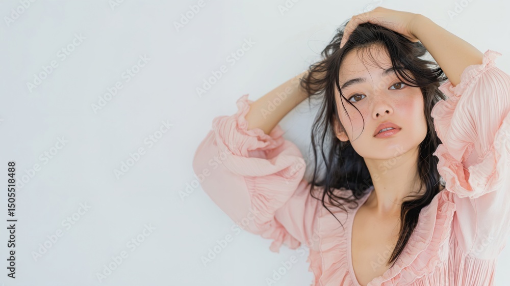 Naklejka premium Stylish young woman posing with hands in hair. Fashion and confidence concept 