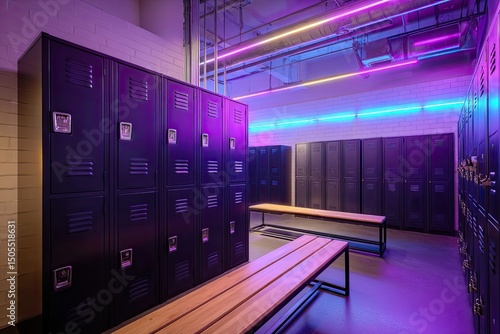 Modern locker room with purple and blue neon lighting, featuring rows of black metal lockers and long wooden benches