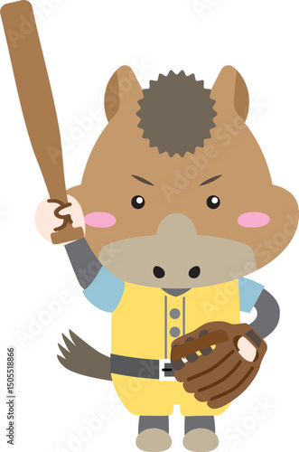 バットとグローブを持ったかわいい馬キャラクターの野球イラスト（午年）
