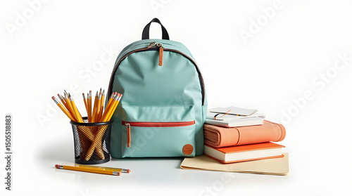 Composition pour la rentrée des classes, sac à dos et accessoires isolés sur fond blanc 