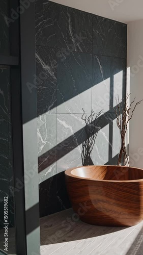 Modern wooden bathtub in sunlit bathroom with black marble walls and tall window, minimalist spa interior with natural textures and tranquil light