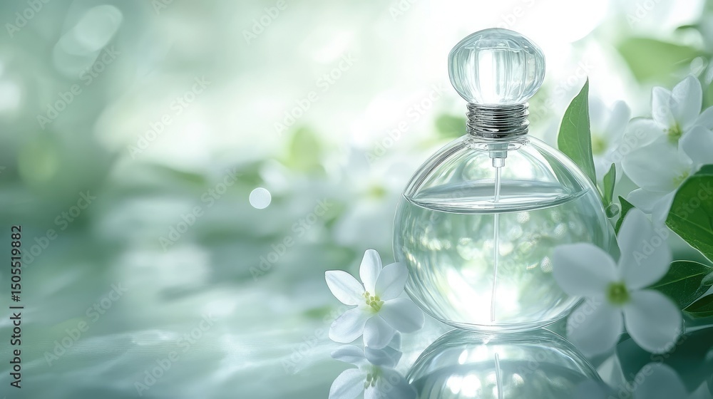 A modern fragrance concept with a transparent perfume bottle, delicate jasmine blooms, and soft pastel green tones, space for text. A modern fragrance concept with a transparent perfume bottle, delicate jasmine blooms, and soft pastel green tones, space for text.