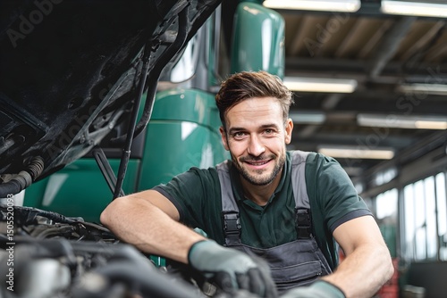 Portrait Mechanic working on a truck engine