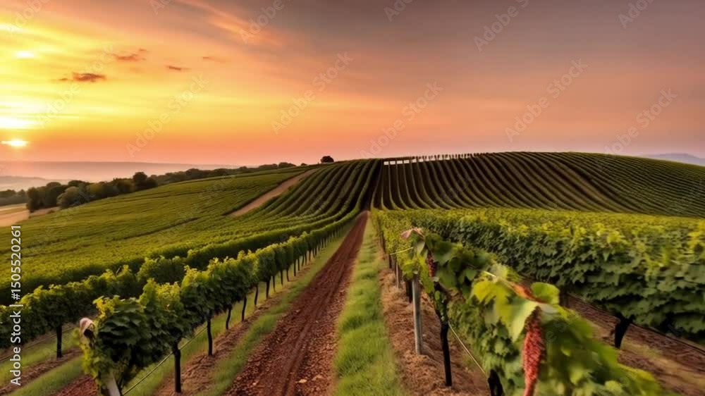 Ripe grapes hang from vines in a picturesque vineyard at sunrise, showcasing the beauty of nature and the promise of a bountiful harvest Ripe grapes hang from vines in a picturesque vineyard at sunrise, showcasing the beauty of nature and the promise of a bountiful harvest