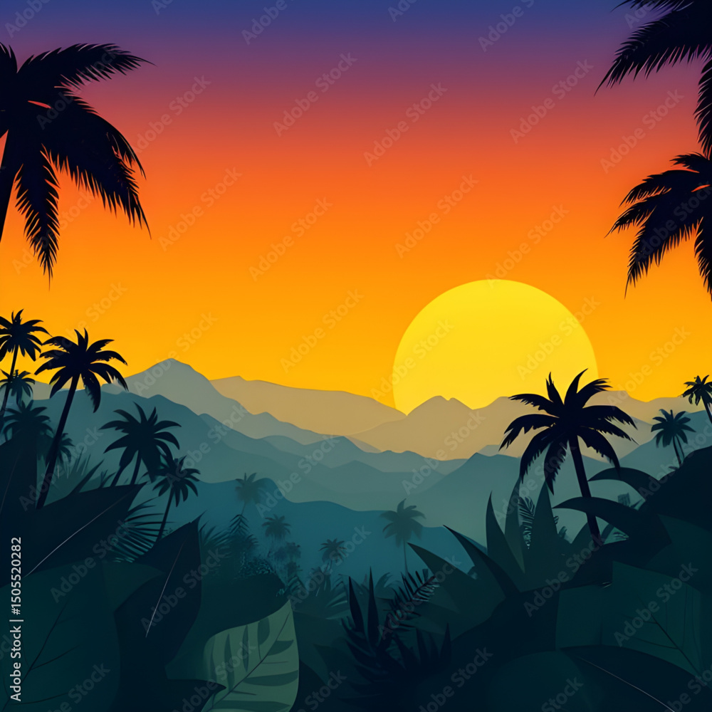 Fototapeta premium Tropical sunset, Palm tree sunset, Sunset beach, Sunset with palm trees, Tropical landscape, Island sunset, Summer evening, Exotic sunset, Sunset over ocean, Palm silhouette, Beach sunset scene, Tropi
