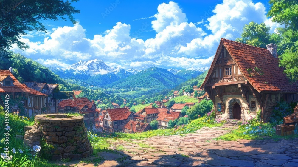 Fototapeta premium A picturesque mountain village scene under a vibrant sky.