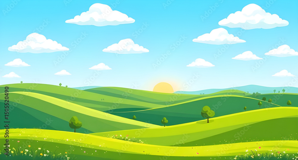 Obraz premium Green field, Blue sky sunrise, Sunrise landscape, Morning field, Green meadow, Sunrise sky, Nature sunrise, Countryside sunrise, Early morning field, Sun rising over field, Blue sky background, Sunris