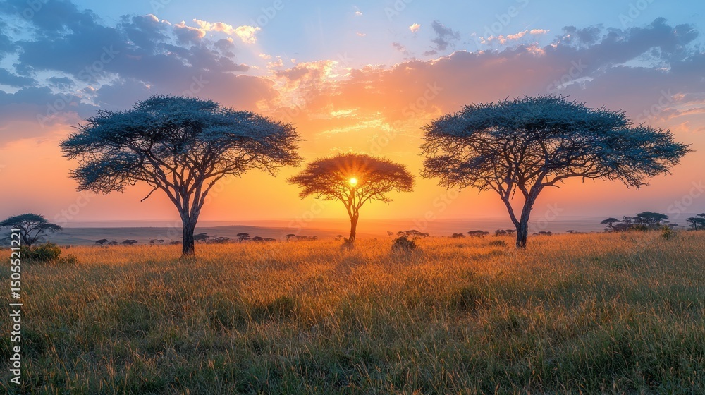Obraz premium African Savanna Sunset, Three Acacia Trees Silhouetted Against a Vibrant Sky
