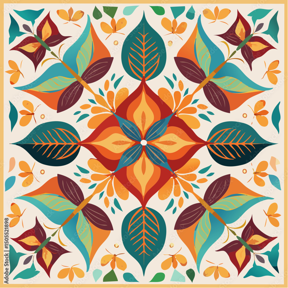 Fototapeta premium Stylized Batik Tambal Vector Art Square Floral Design with Butterflies