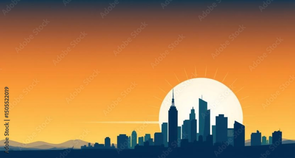 Fototapeta premium City skyline at sunset, Sunset cityscape, Urban skyline silhouette, City skyline vector, Sunset over buildings, City lights at dusk, Sunset architecture, Evening city skyline, Silhouetted buildings, S