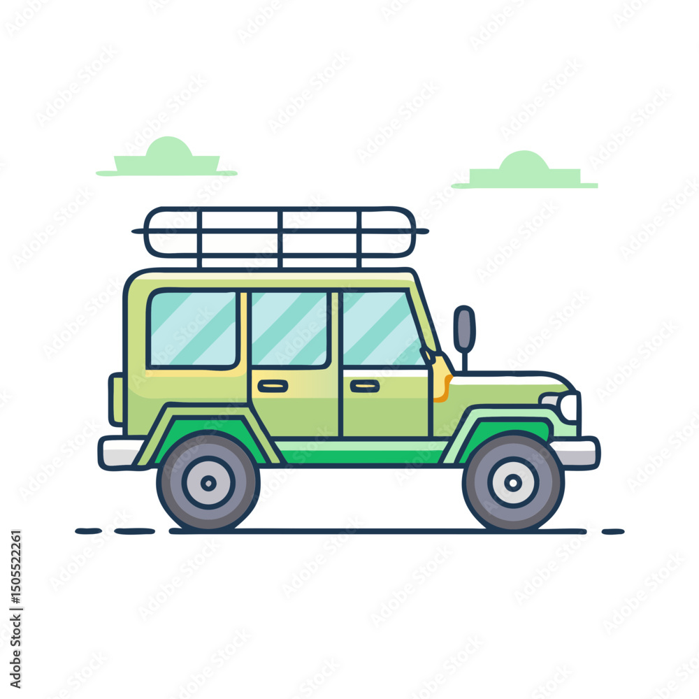 Fototapeta premium Stylized Green Off Road Vehicle with Roof Rack and Cloud Accents