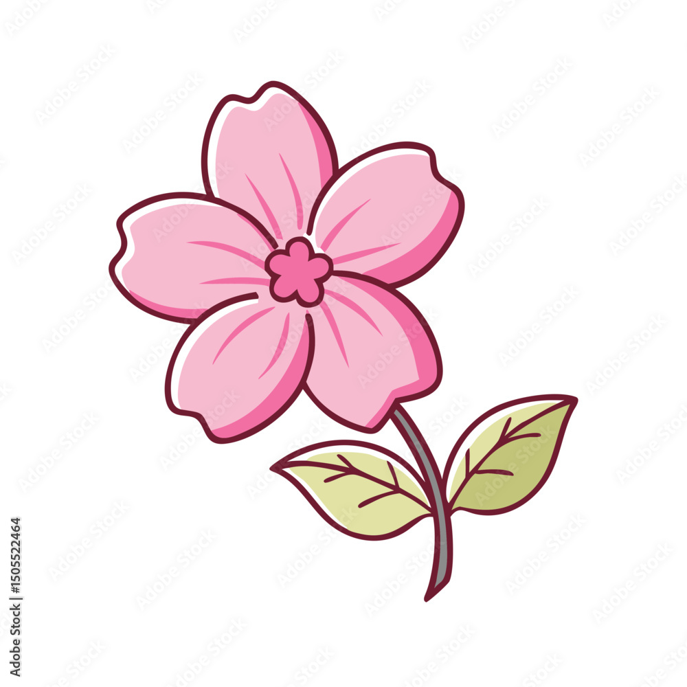 Obraz premium Stylized Pink Flower with Green Leaves Illustration on White Background