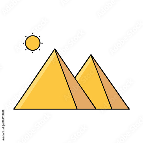 Egyptian pyramids illustration with the sun above them on a white background