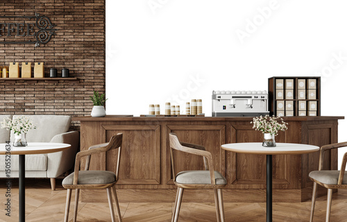 Fototapeta Naklejka Na Ścianę i Meble -  Free PNG wallpaper mockup in Coffee Shop Interior Design, Cozy Cafe Interior with Wooden Furniture and Brick Wall, 3D rendering