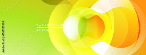 Abstract circles overlap, creating vibrant gradients. Green background complements orange, yellow hues. Modern design element.