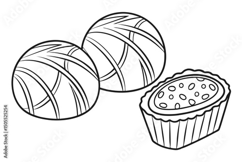 Line art illustration of two chocolate truffles and one bonbon