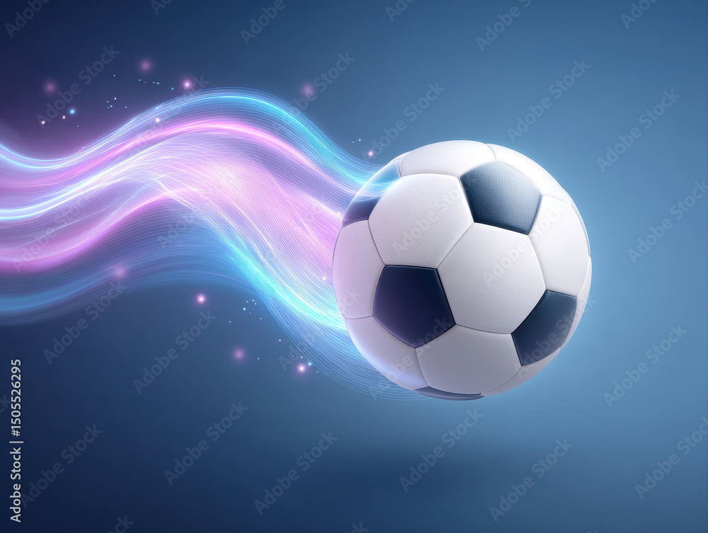 Naklejka premium Futuristic soccer ball with glowing magical wave lighting effect on blue background, dynamic and energetic sports concept