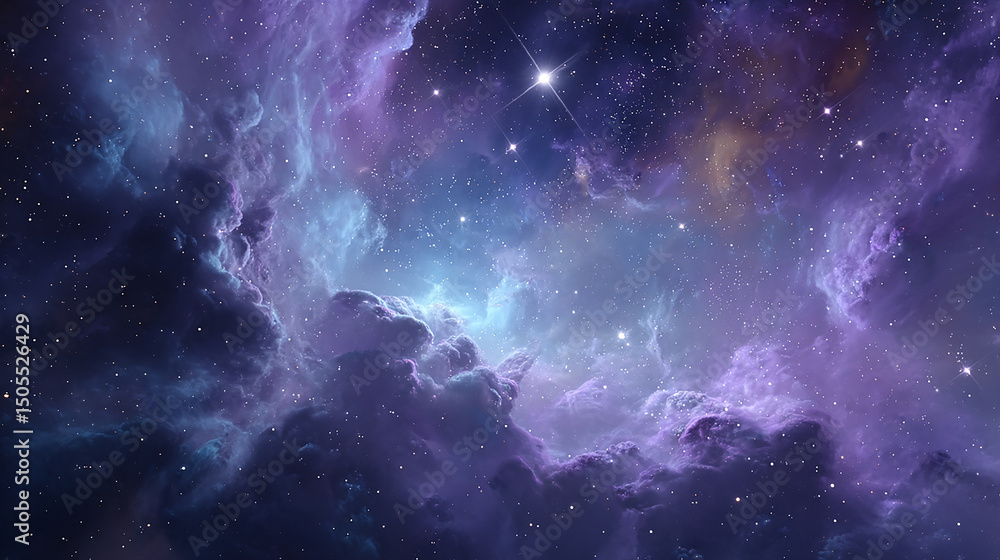 Fototapeta premium Vibrant cosmic nebula with stars and clouds in shades of purple, blue, and white creating a dreamy and ethereal space scene