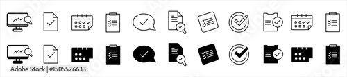 Set of task and productivity icons including documents, checklists, calendars, and charts in outlined and filled styles. Flat vector icons in black and white isolated on white background. 