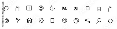Set of 24 minimal interface icons including chat bubble, user profile, camera, bookmark, gear, search, and navigation symbols. Black outline icons on white background. 
