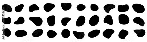 Seamless pattern of irregular black organic spots on white background. Abstract cow print style for textile, wallpaper, poster, and graphic design. Vector template element.