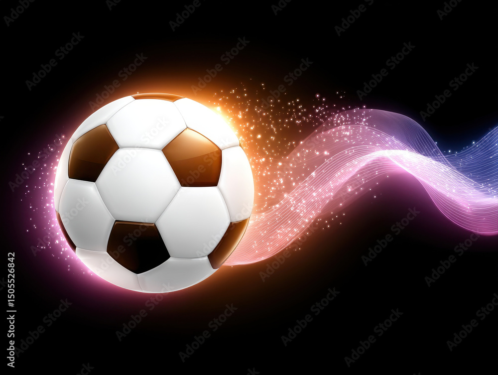 Fototapeta premium Soccer ball with glowing colorful wave trail and sparkling light effects on black background, dynamic and lively sports concept