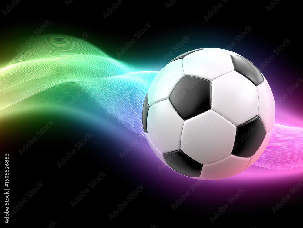 Obraz premium Soccer ball with colorful flowing wave background, lively sports concept with dynamic light effects and vibrant energy in motion