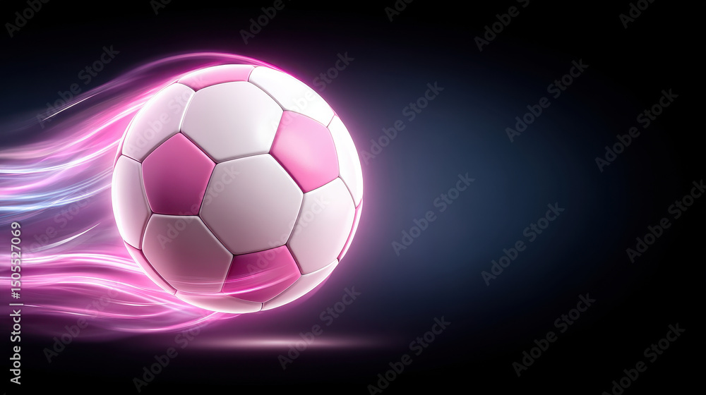 Naklejka premium Pink glowing soccer ball flying with dynamic motion and light trails on dark background, showing energy and speed in sports action