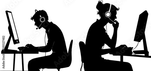 Silhouettes of Call Center Agents Working on Computers with Headsets