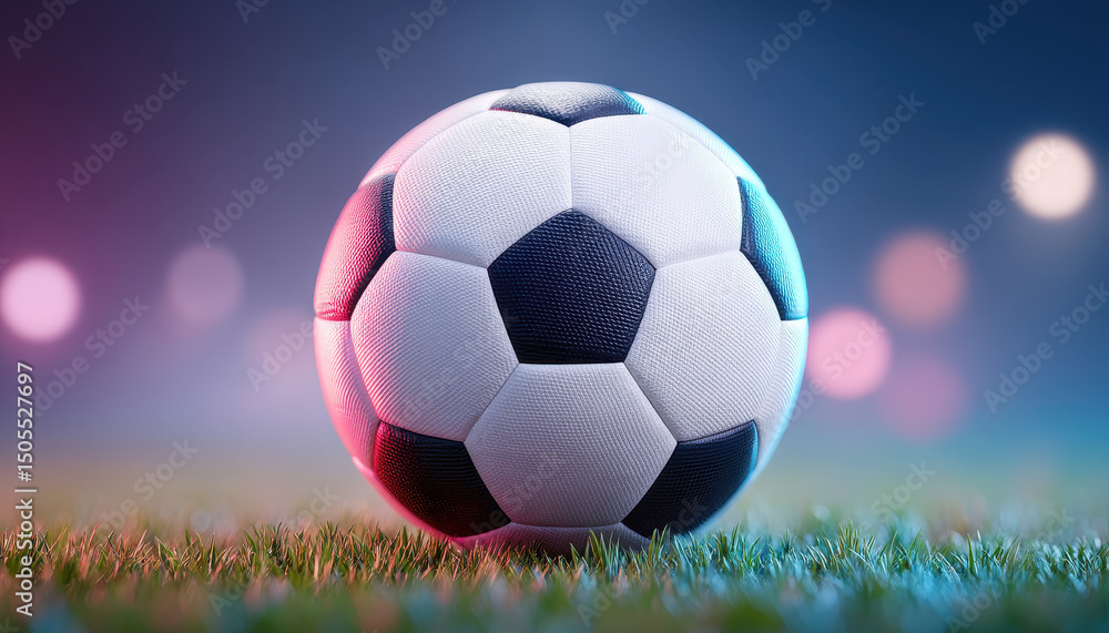 Fototapeta premium Soccer ball glowing with ambient light on grass field with blurred colorful background creating vibrant and energetic mood