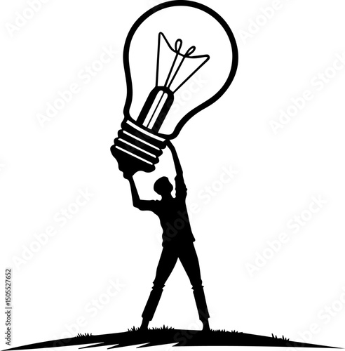 Man Holding Up a Giant Lightbulb - Symbol of Idea and Innovation