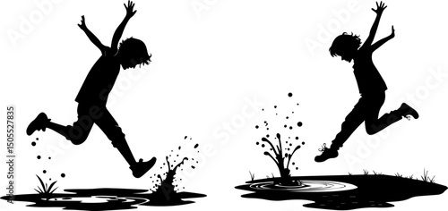 Kids Jumping in Puddles Silhouette with Splashes