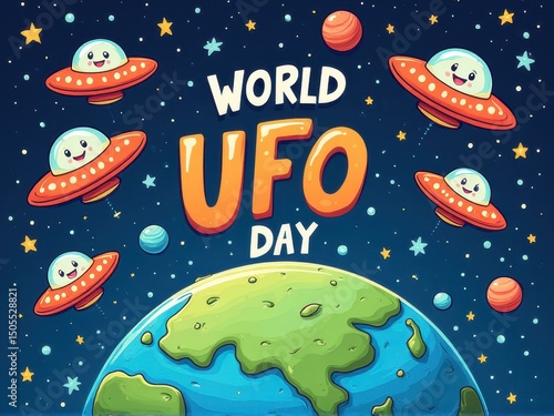 Fun Cartoon Poster With UFOs and Earth for World UFO Day