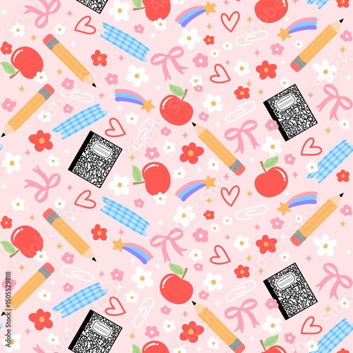 Pastel school supplies seamless pattern, Groovy teacher digital paper background wallpaper 