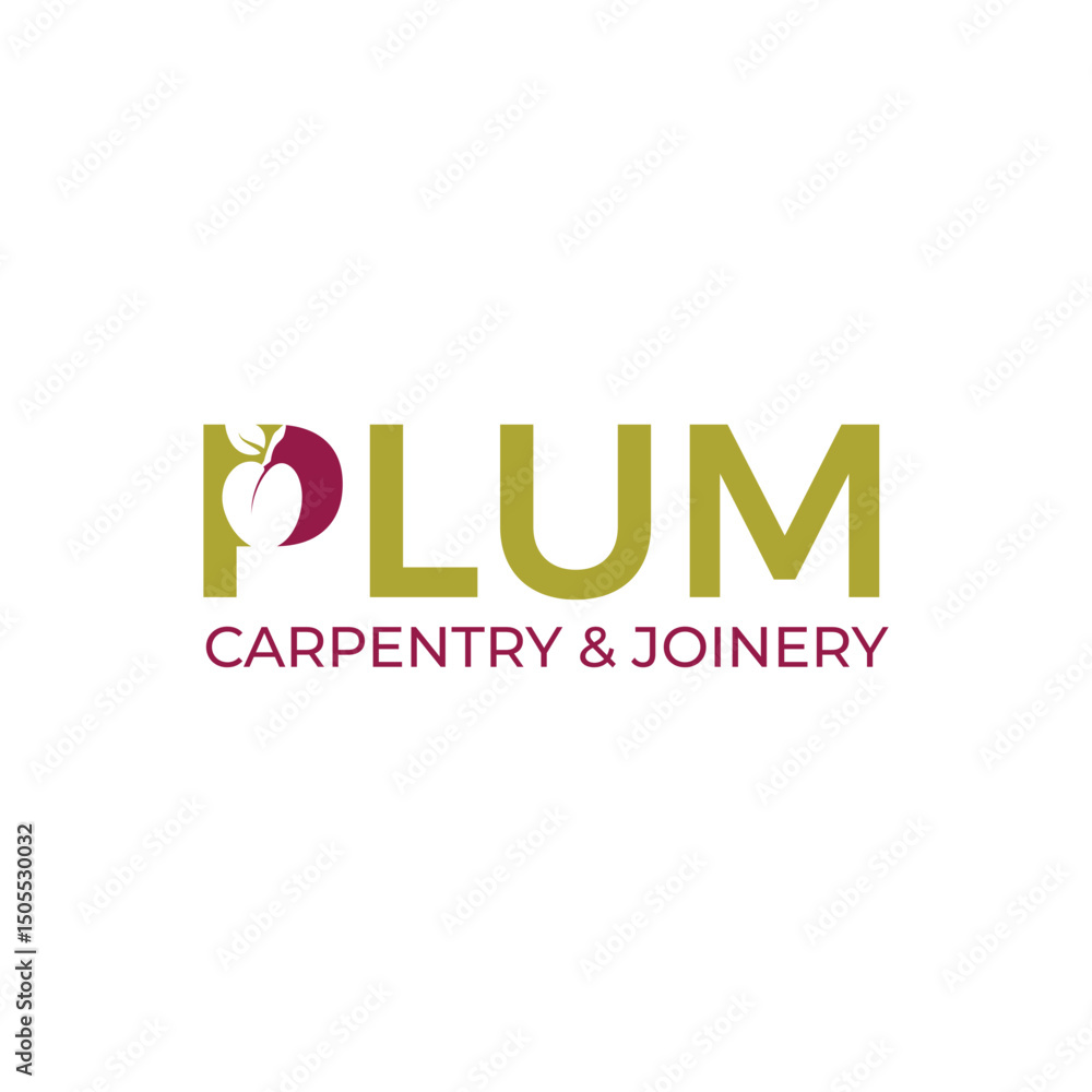 Fototapeta premium Rustic Plum Carpentry logo featuring a plum fruit icon combined with woodworking tools, symbolizing craftsmanship, quality, and natural materials—perfect for carpentry businesses with a unique, creati