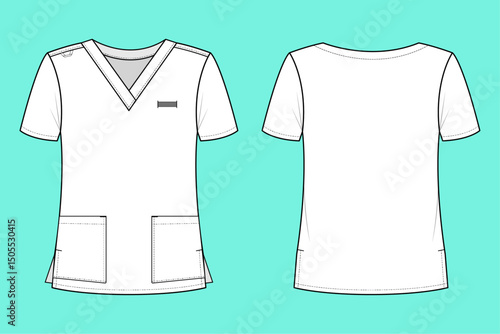 Black and White V neck Medical Scrub technical drawing fashion flat sketch CAD mockup front and back views.