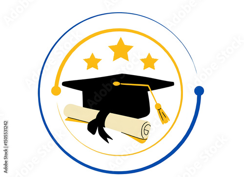 graduation cap, diploma scroll, education logo, academic icon, graduation badge, certificate design.