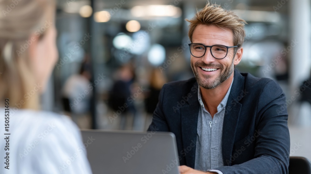 Fototapeta premium A man wearing glasses is talking to another man