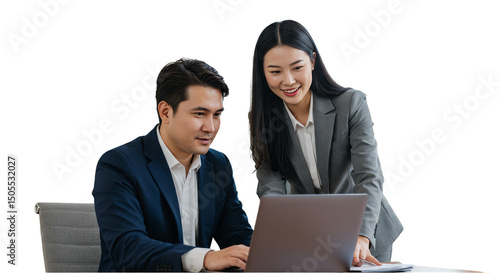 Business Colleagues Collaborating at a Laptop in a Professional Office Setting