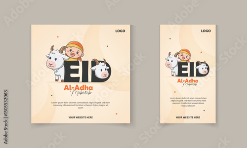 Eid Al Adha mubarak greeting card, social media post template with cute sheep, moon, stars Vector