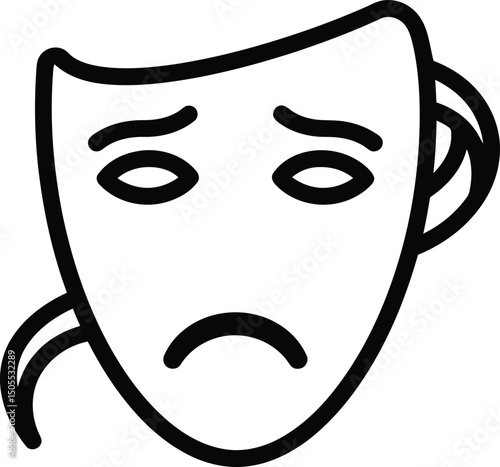Tragic Stage Mask: A single, stylized illustration of a tragic theater mask, its downturned mouth and somber eyes conveying a sense of deep sadness and sorrow.