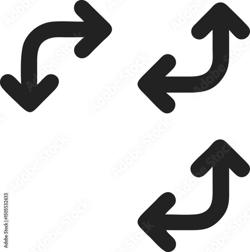 Three Curved Arrows Pointing in Different Directions Illustrating a Cycle Rotation or Circular Process on a White Background