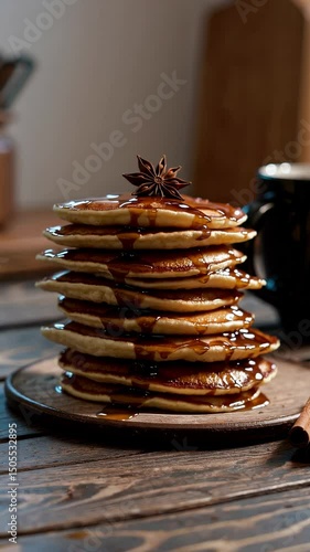 Wallpaper Mural Towering stack of pancakes generously coated in maple syrup and topped with star anise, rustic wooden table setting in warm kitchen lighting Torontodigital.ca