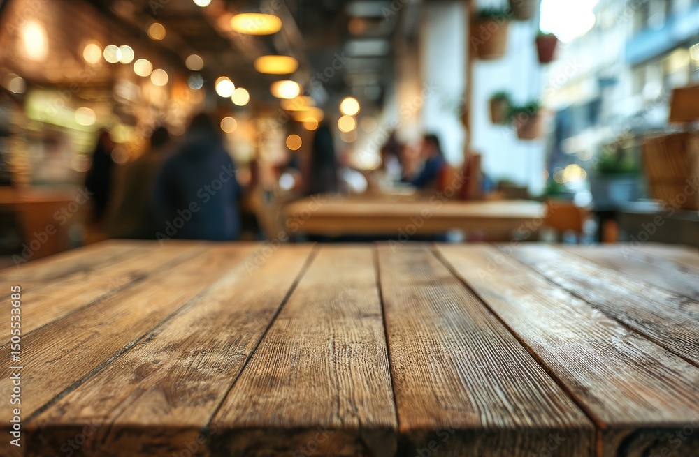 Rustic wooden table in focus, foreground, blurry cafe background; warm lighting, people seated Rustic wooden table in focus, foreground, blurry cafe background; warm lighting, people seated
