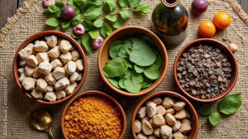 Flat lay of Ayurvedic herbs including ashwagandha root, tulsi leaves, and dried neem in ceramic bowls on handwoven mat Flat lay of Ayurvedic herbs including ashwagandha root, tulsi leaves, and dried neem in ceramic bowls on handwoven mat