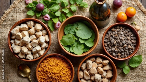 Wallpaper Mural Flat lay of Ayurvedic herbs including ashwagandha root, tulsi leaves, and dried neem in ceramic bowls on handwoven mat Torontodigital.ca