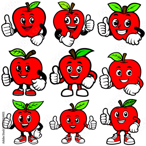 vector icon pack, mascot or character, apple fruit, thumbs up
