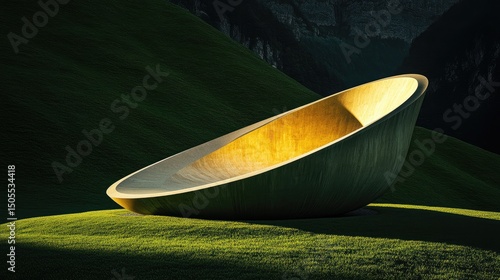 Golden bowl-shaped sculpture in a grassy landscape.