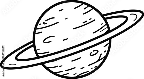 Celestial Ringed Planet: A simplified outline drawing, representing the enigmatic beauty of a celestial body, its distinctive rings encircling the planet, set against the vast expanse of space. 